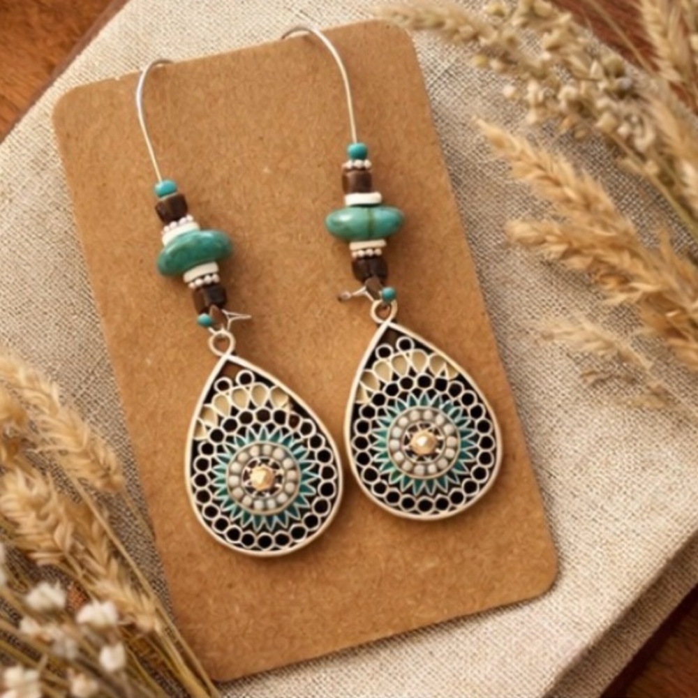 Vintage Artisan Turquoise Wood Bead Filigree Teardrop Dangle Earrings Boho